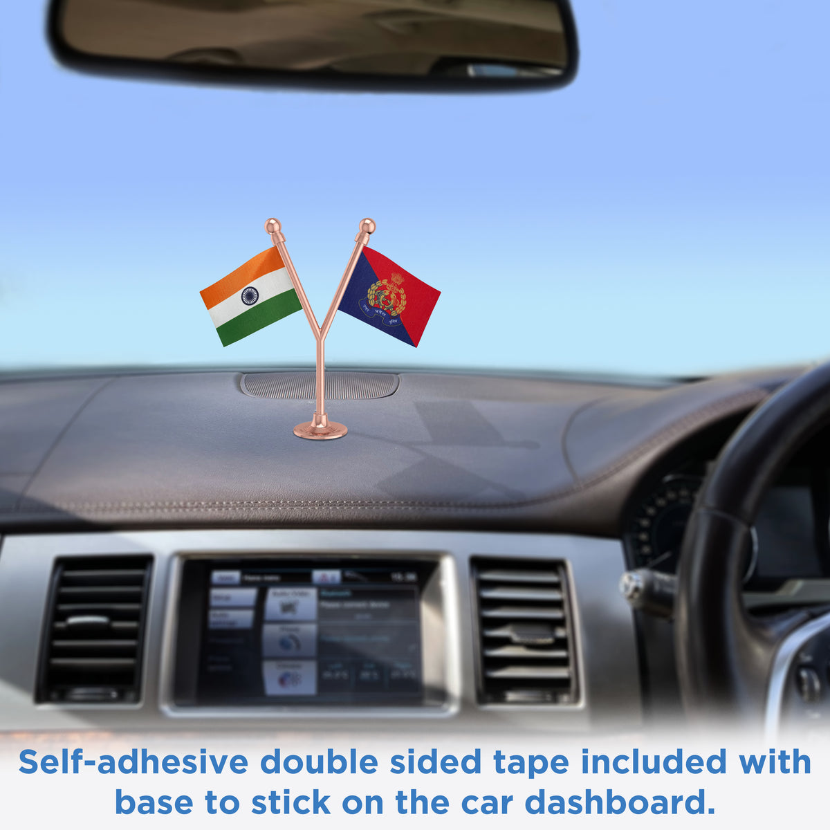 India & Uttar Pradesh Police Car Dashboard Flag of 2in x 3in With A Plastic Base