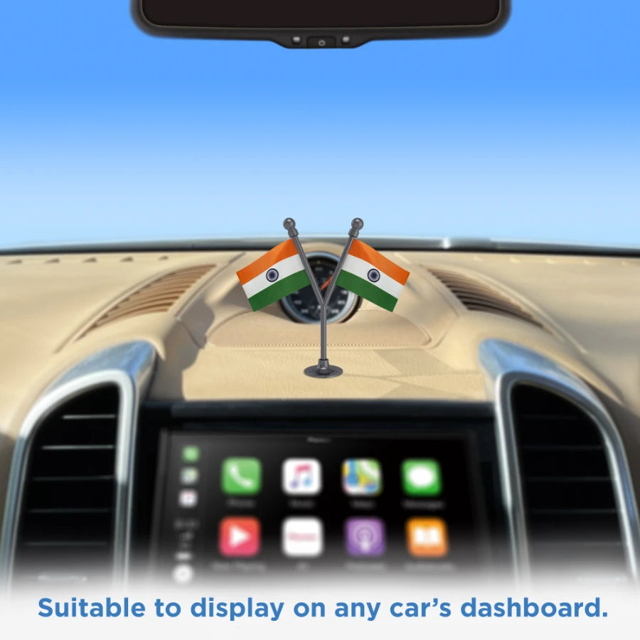 Dual Indian Car Dashboard Flags of 2in x 3in With A Plastic Base