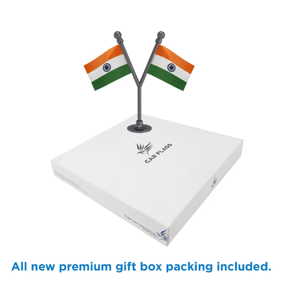 Dual Indian Car Dashboard Flags of 2in x 3in With A Plastic Base