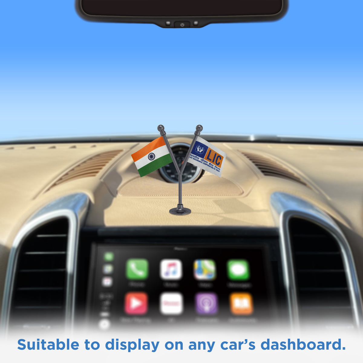 India & LIC Dual Car Dashboard Flag of 2in x 3in With A Plastic Base