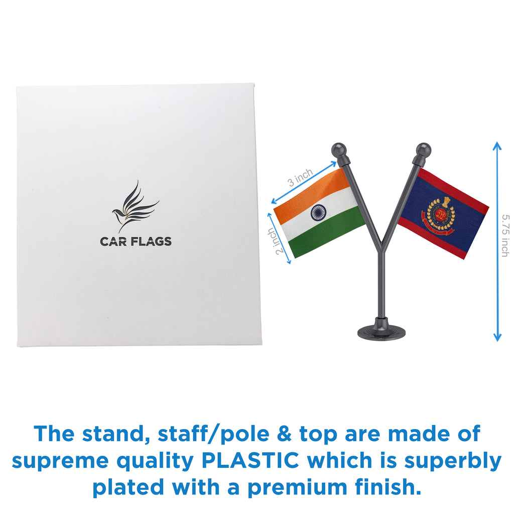 India & Delhi Police Car Dashboard Flag of 2in x 3in With A Plastic Base