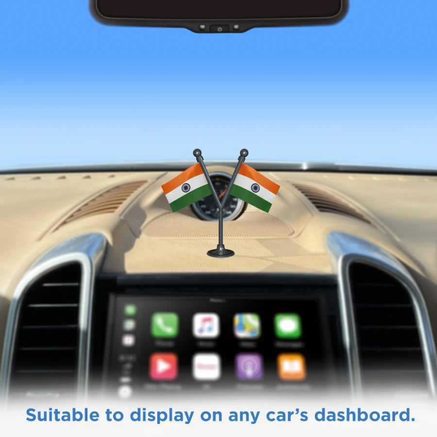 Dual Indian Car Dashboard Flags of 2in x 3in With A Plastic Base