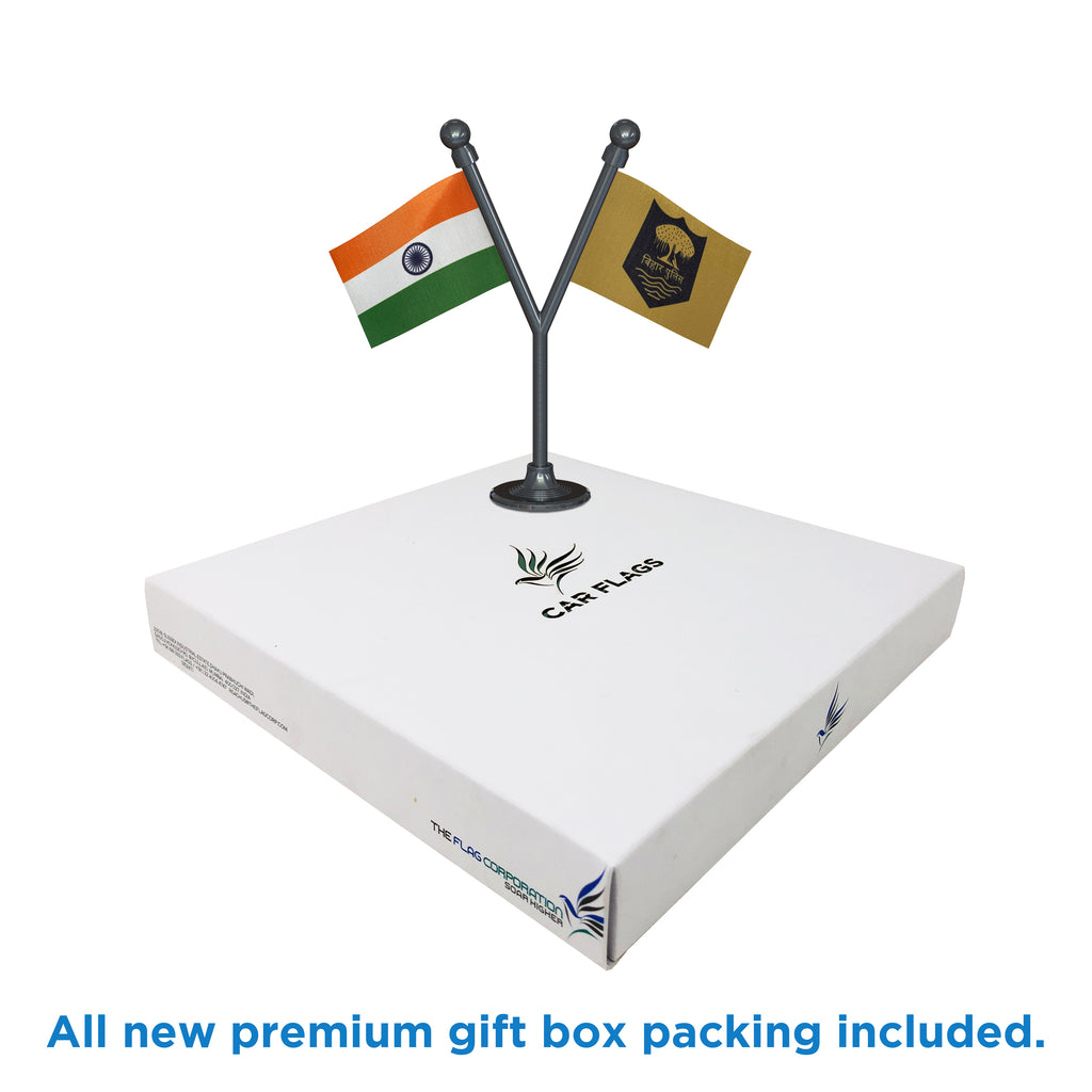 India & Bihar Police Car Dashboard Flag of 2in x 3in With A Plastic Base