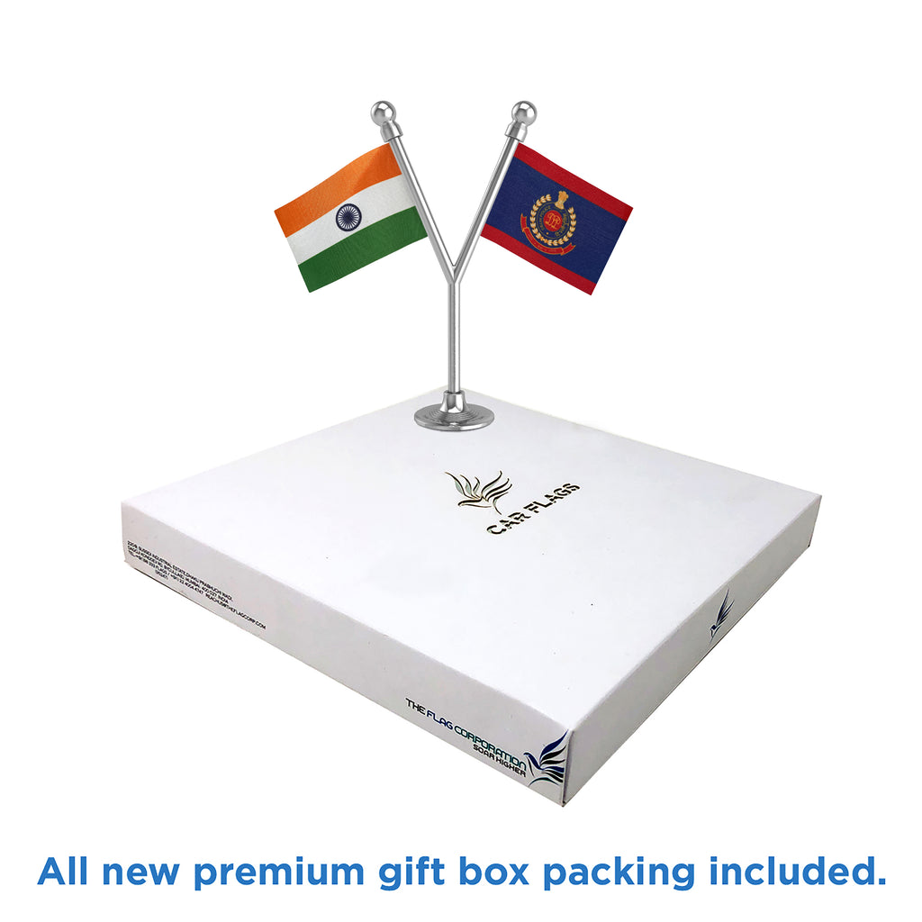 India & Delhi Police Car Dashboard Flag of 2in x 3in With A Plastic Base