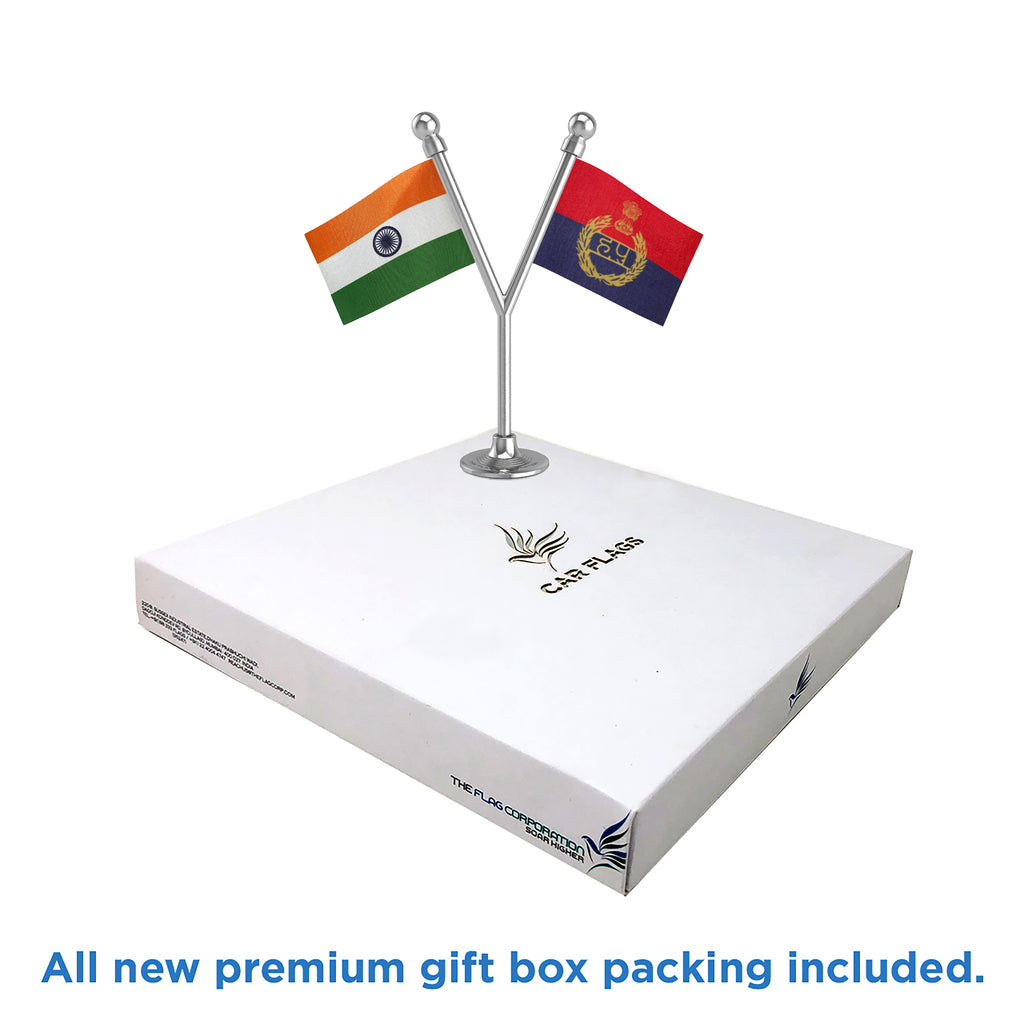 India & Haryana Police Car Dashboard Flag of 2in x 3in With A Plastic Base