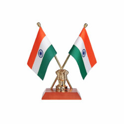 Cross Indian Flags With Our Exclusive Gold Plated Brass Ashok Stambh on A Polished Wooden Base