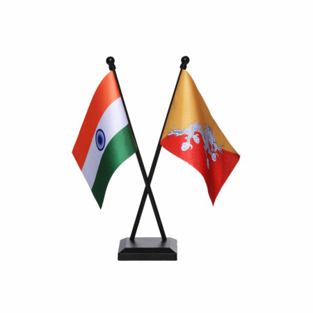 india and bhutan table or desk flag with a black plastic stand / base