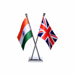 india and uk table or desk flag with a chrome plated plastic stand / base