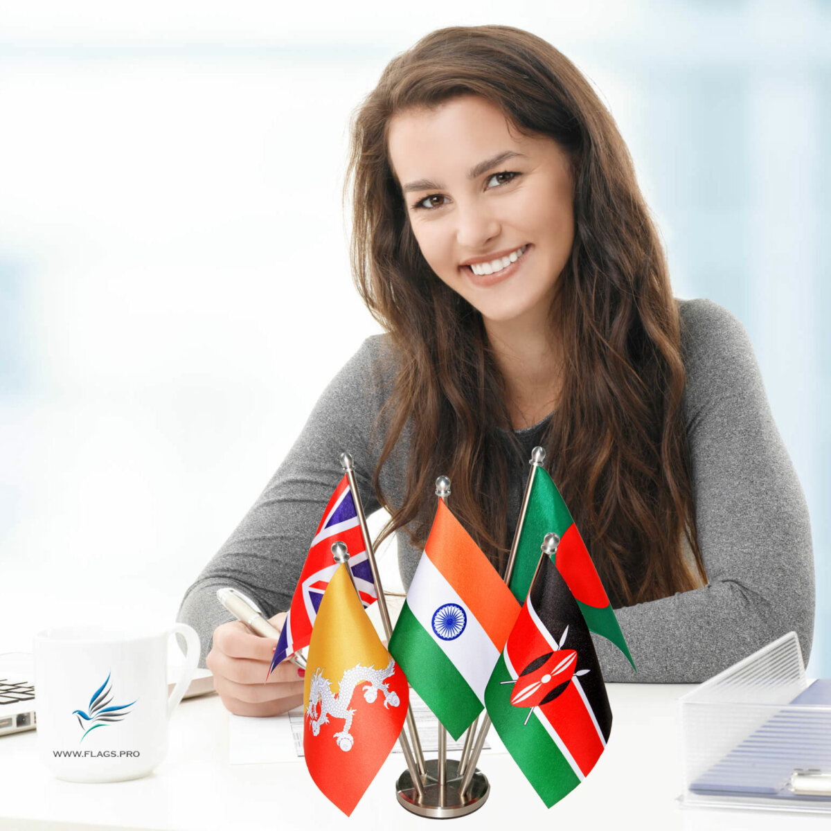 girl sitting at office desk with indian flag & other national flags together on a stainless steel stand
